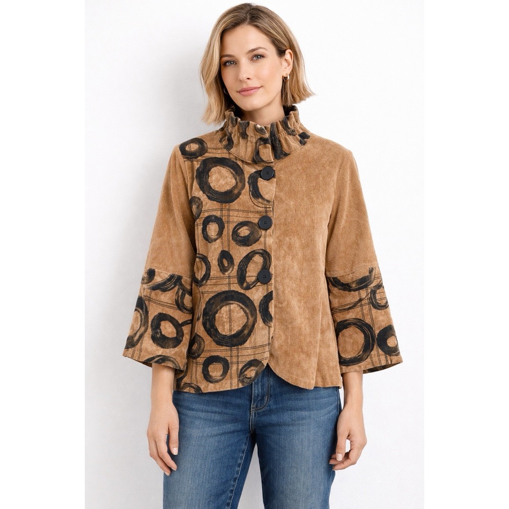 Trisha Tyler‎ Corduroy Jacket M Artsy Boho Swing Ruffle Collar Abstract Print